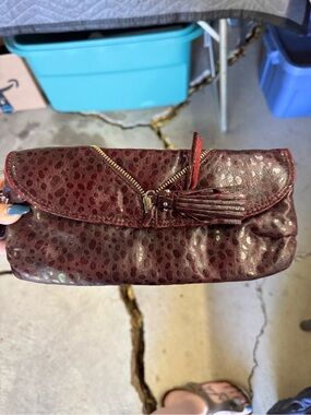 Women's Burgundy Polka Dot Leather Clutch with Tassel